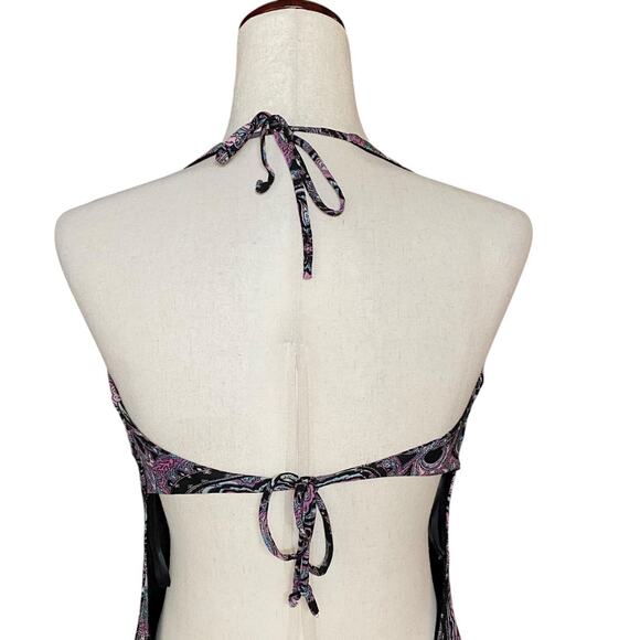 Vtg 00s Y2K Princess Bebe Halter Asymmetric Open Back Midi Dress L V Neck Fringe - Picture 7 of 13